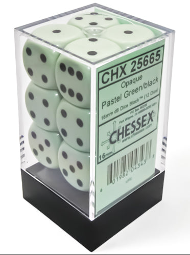 Opaque 16mm d6 Pastel Green/black Dice Block (12 dice)