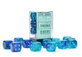 Gemini: 16mm d6 Blue-Blue/light blue Luminary Dice Block (12 dice)
