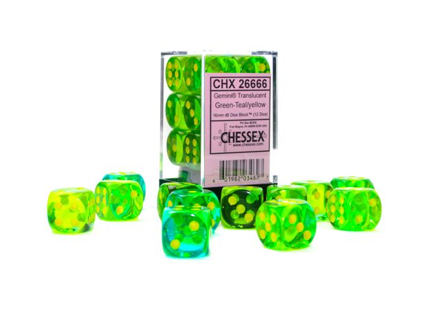 Gemini: 16mm d6 Translucent Green-Teal/yellow Dice Block (12 dice)